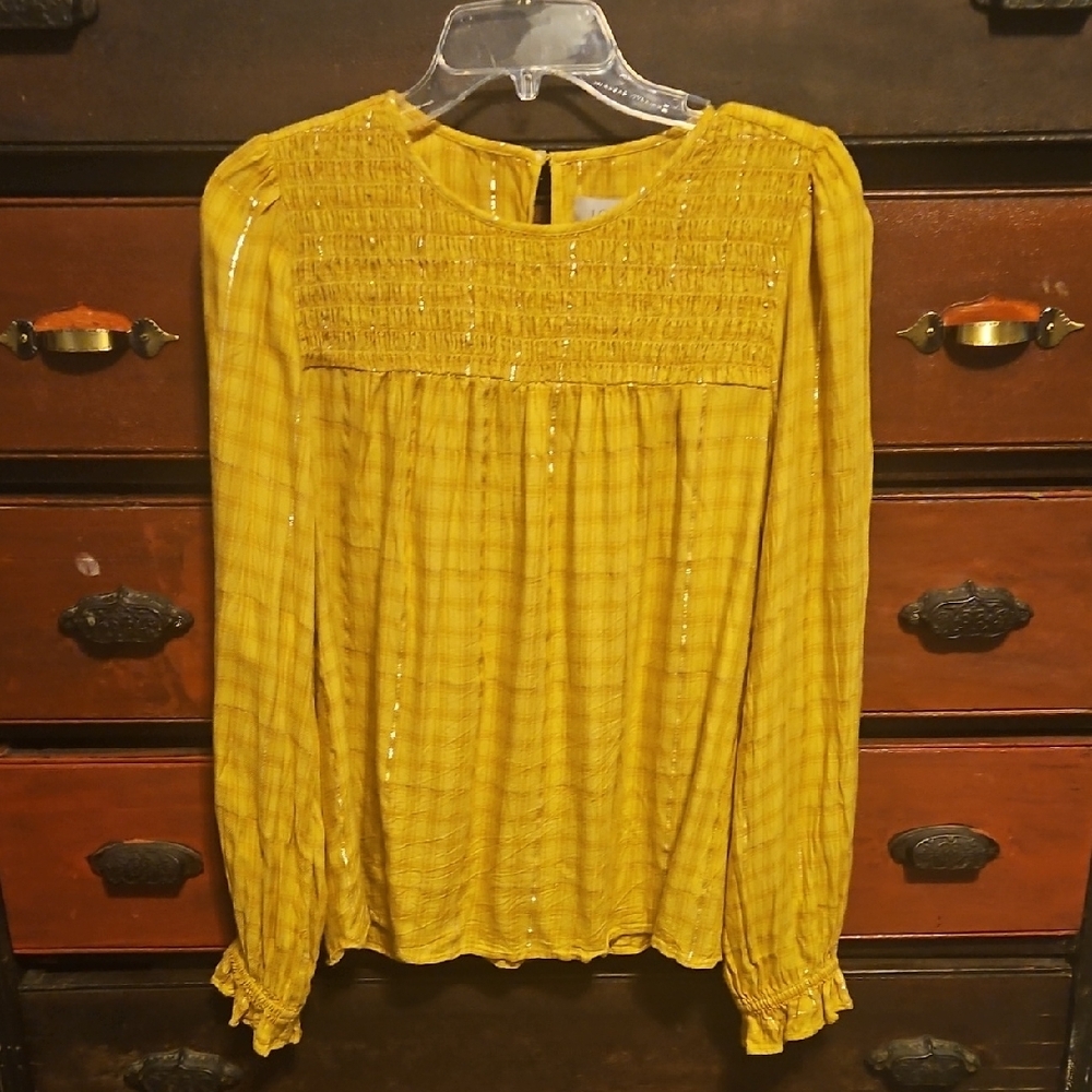 LOFT Yellow Smocked Puff Sleeve Blouse